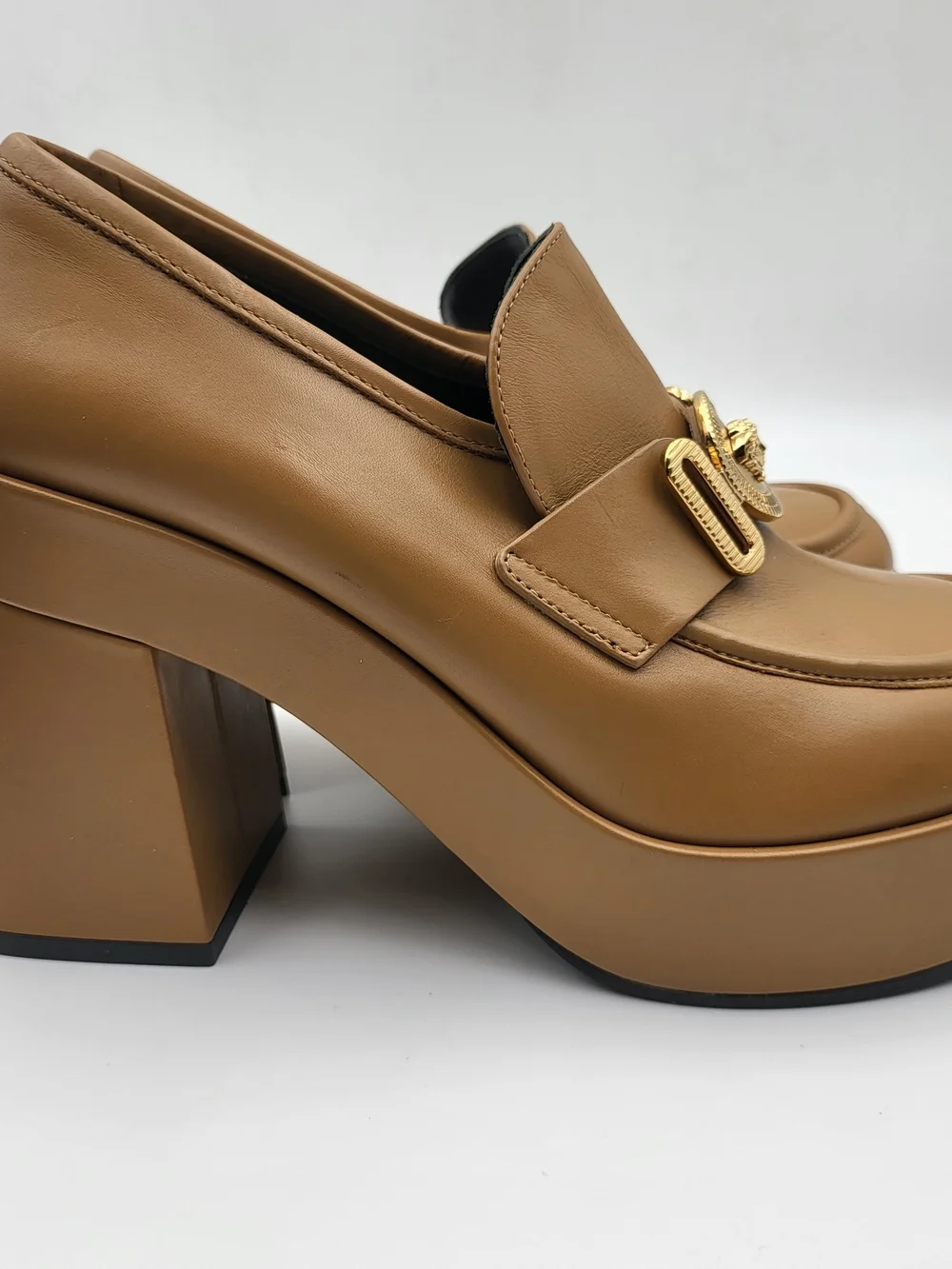 Versace Medusa Biggie Platform Loafers Brown Leather Eu37 Auth w/COA.